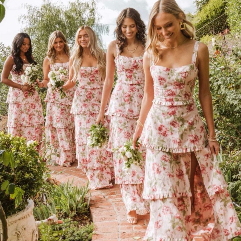 Show Me Your MuMu Pink Floral Tiered Lady Corset, Garden Romantic Maxi Dress
